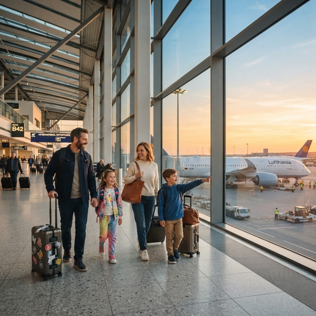 A family of travellers with luggage at a modern airport terminal preparing to board a flight